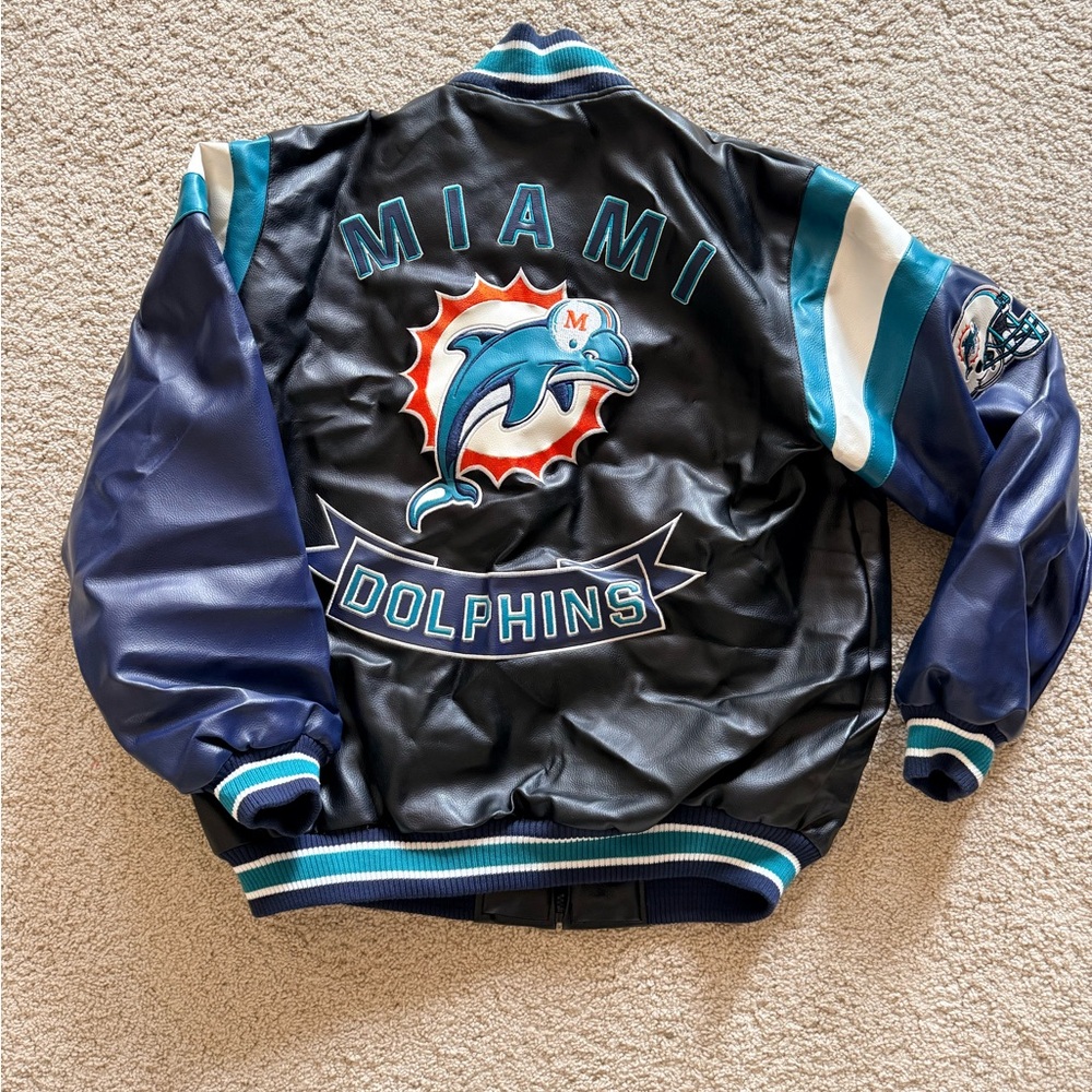 New with tags! NFL Team Apparel Miami Dolphins Faux Leather Bomber Jacket - Picture 2 of 9
